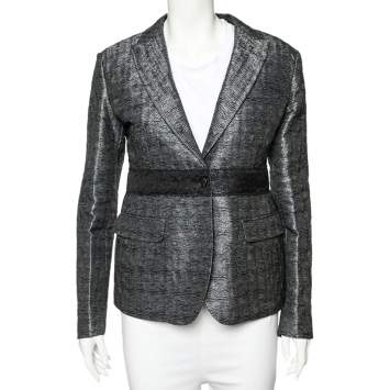 Pre Owned Miu Miu Charcoal Grey Patterned Lurex Silk Button Front Blazer M