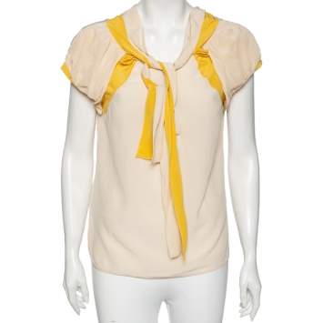 Pre Owned Miu Miu Cream & Yellow Paneled Silk Neck Tie Detailed Top M