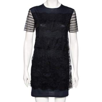 Pre Owned Miu Miu Navy Blue & Black Lace Overlay Cotton Short Dress M 