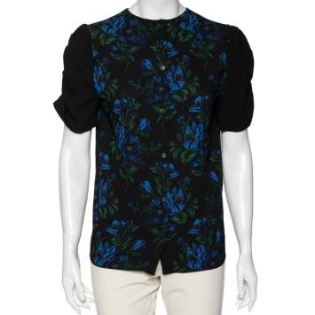 Pre Owned Miu Miu Black Floral Print Crepe Ruched Sleeve Detailed Blouse M