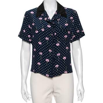 Pre Owned Miu Miu Navy Blue Polka Dot Printed Silk Ruffled Shirt M