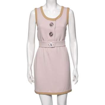 Pre Owned Miu Miu Pink Crepe Contrast Trim Belted Sleeveless Dress S