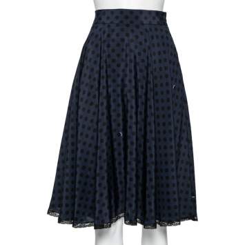 Pre Owned Miu Miu Navy Blue Polka Dotted Silk Lace Trim Detailed Skirt M