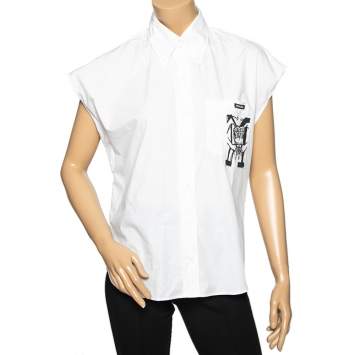 Pre Owned Miu Miu White Cotton Printed Pocket Detail Sleeveless Shirt S