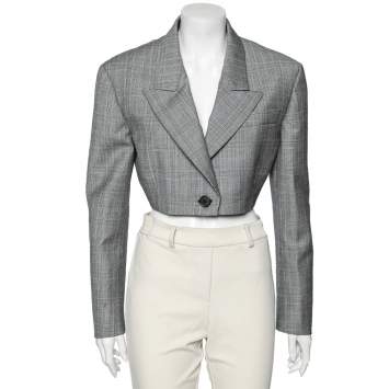 Pre Owned Miu Miu Grey Prince of Wales Check Wool Cropped Jacket M