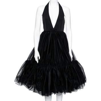 Pre Owned Miu Miu Black Tulle Plunge Neck Halter Neck Flared Dress M