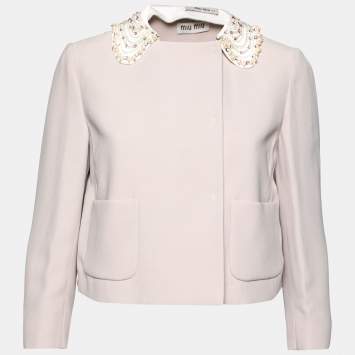 Pre Owned Miu Miu Nude Pink Crepe Embellished Collar Detail Jacket M