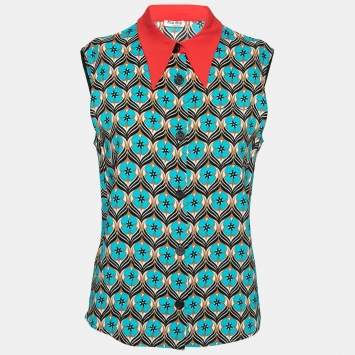 Pre Owned Miu Miu Blue Floral Printed Crepe Sleeveless Button Front Collar Top S