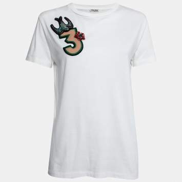 Pre Owned Miu Miu White Cotton Applique Embellished Short Sleeve T-Shirt M