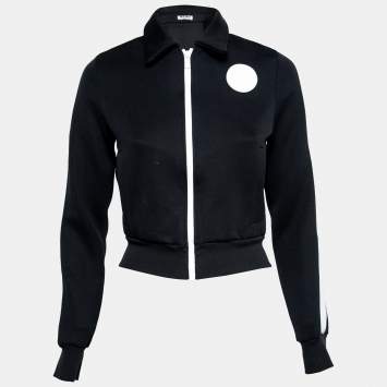 Pre Owned Miu Miu Navy Blue Cotton Knit Logo Embroidered Zip Front Jacket XS