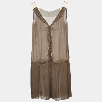 Pre Owned Miu Miu Brown Silk Plisse Ruffled Sleeveless Dress M