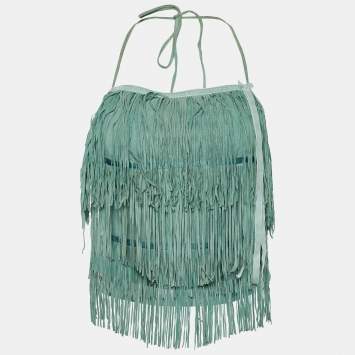 Pre Owned Miu Miu Green Suede Fringe Detail Crop Top L