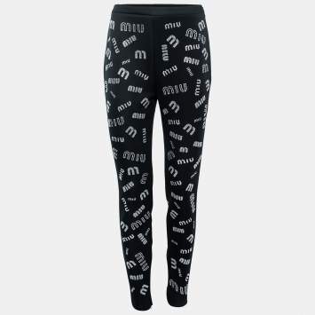 Pre Owned Miu Miu Black Stretch Knit Crystal Embellished Logo Leggings S