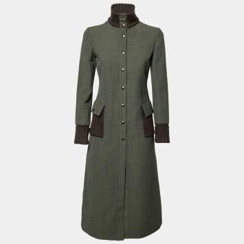 Pre Owned Miu Miu Olive Green Wool Ribbed Knit Detail Long Coat S