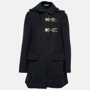 Pre Owned Miu Miu Black Wool Buckle Detail Hooded Peacoat S