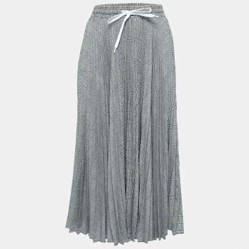 Pre Owned Miu Miu Grey Check Patterned Crepe Pleated Maxi Skirt S