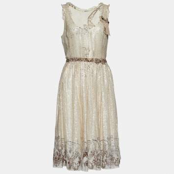 Pre Owned Miu Miu Cream Sequined & Printed Cotton Sleeveless Dress M