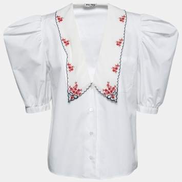Pre Owned Miu Miu White Cotton Embroidered Oversized Collared Top S
