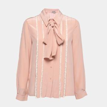 Pre Owned Miu Miu Pink Silk Lace Trim Detail Tie Neck Shirt S