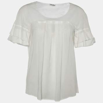 Pre Owned Miu Miu White Pleated Detail Cotton Top M