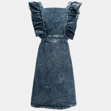 Pre Owned Miu Miu Blue Denim Ruffled Sleeve Midi Dress S