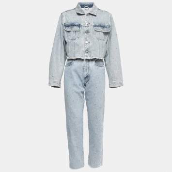 Pre Owned Miu Miu Blue Rhinestone-Embellished Denim Jacket & Jeans Set XS