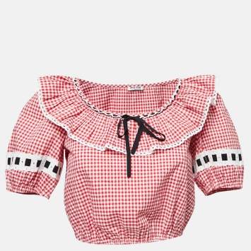 Pre Owned Miu Miu Red Gingham Printed Cotton Cropped Top S
