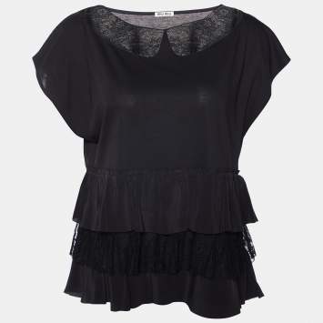 Pre Owned Miu Miu Black Knit & Lace Trim Tiered Top L