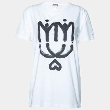 Pre Owned Miu Miu White Logo Printed Cotton Knit Crewneck T-shirt S