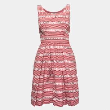 Pre Owned Miu Miu White & Red Printed Cotton Sleeveless Midi Dress M
