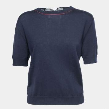 Pre Owned Miu Miu Navy Blue Knit Lace Bow Back Detail Sweater Top S