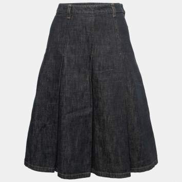 Pre Owned Miu Miu Dark Blue Denim Pleated Knee-Length Skirt M