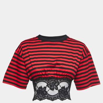 Pre Owned Miu Miu Black/Red Striped Cotton Knit and Lace Cropped T-Shirt XS