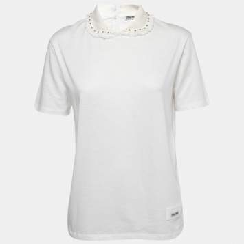 Pre Owned Miu Miu White Cotton Studded Collar T-Shirt L