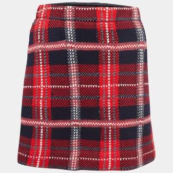Pre Owned Miu Miu Red/Navy Blue Patterned Wool Knit Mini Skirt M