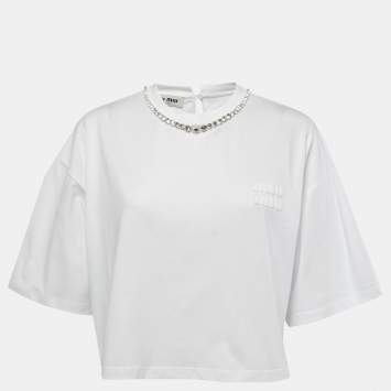 Pre Owned Miu Miu White Cotton Rhinestone Embellished T-Shirt M