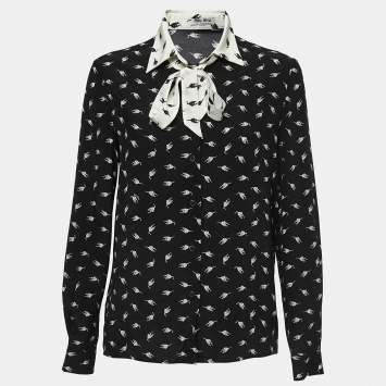 Pre Owned Miu Miu Black All Over Cat Print Crepe Button Front Full Sleeve Shirt M