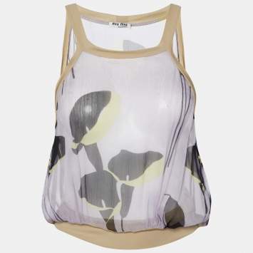 Pre Owned Miu Miu Purple Printed Silk & Knit Top M