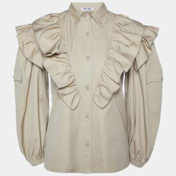 Pre Owned Miu Miu Brown Cotton Ruffled Button Front Shirt XS