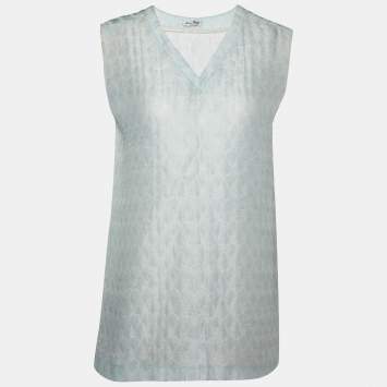 Pre Owned Miu Miu Blue Patterned Lurex Silk Blend Sleeveless Top L