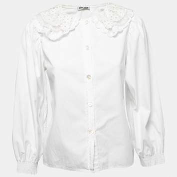 Pre Owned Miu Miu White Cotton & Lace Collar Detail Shirt S
