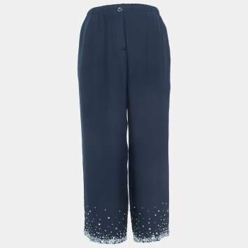 Pre Owned Miu Miu Navy Blue Crepe Embellished Cropped Trousers S