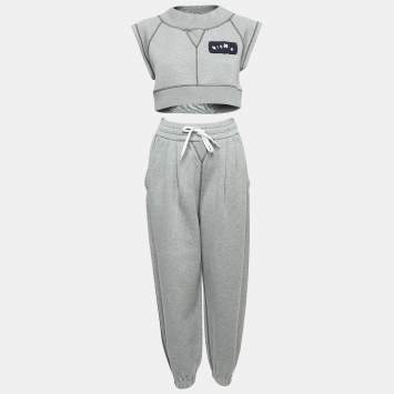 Pre Owned Miu Miu Grey Logo Embroidered Cotton Blend Joggers Crop Top Set S