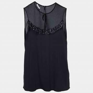 Pre Owned Miu Miu Black Silk Crepe & Tulle Embellished Detail Sleeveless Top M