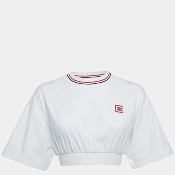 Pre Owned Miu Miu White Cotton Logo Patch Crop T-Shirt XS