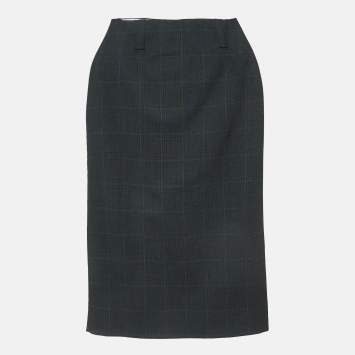 Pre Owned Miu Miu Grey Plaid Check Wool Blend Pencil Skirt XS