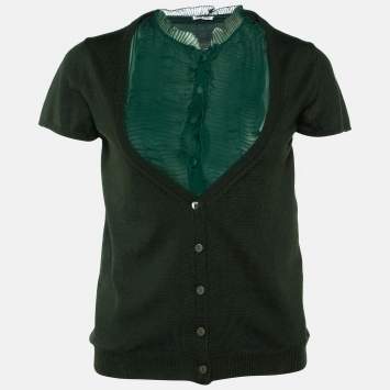 Pre Owned Miu Miu Green Silk & Wool Knit Ruffled Button Front Top M