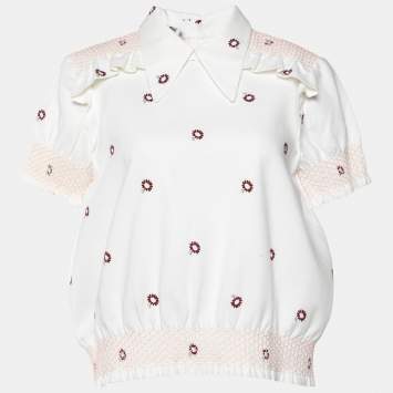 Pre Owned Miu Miu White Floral Print Cotton Smocked Top M