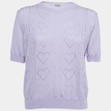Pre Owned Miu Miu Purple Eyelet Knit Wool Short Sleeve Top L