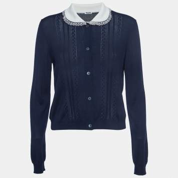 Pre Owned Miu Miu Navy Blue Eyelet Knit Cashmere Embellished Collar Cardigan S
